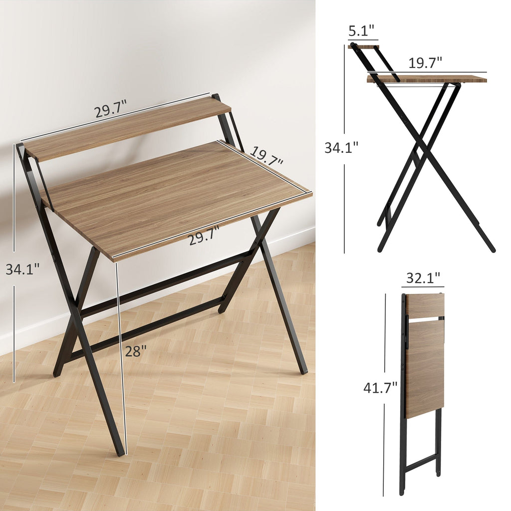 Foldable Computer Desk With Monitor Shelf | For Home Office Walnut
