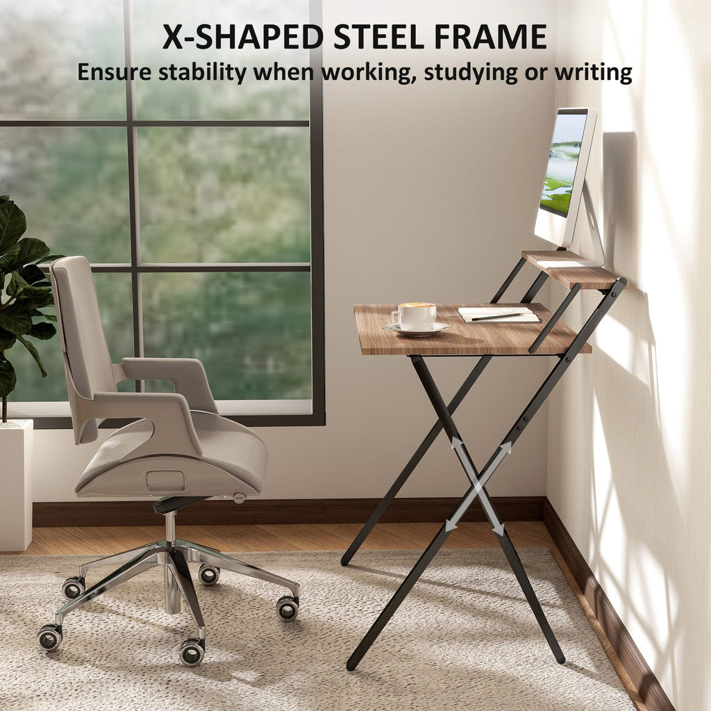 Foldable Computer Desk With Monitor Shelf | For Home Office Walnut
