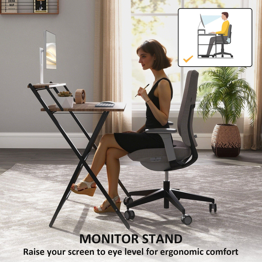 Foldable Computer Desk With Monitor Shelf | For Home Office Walnut