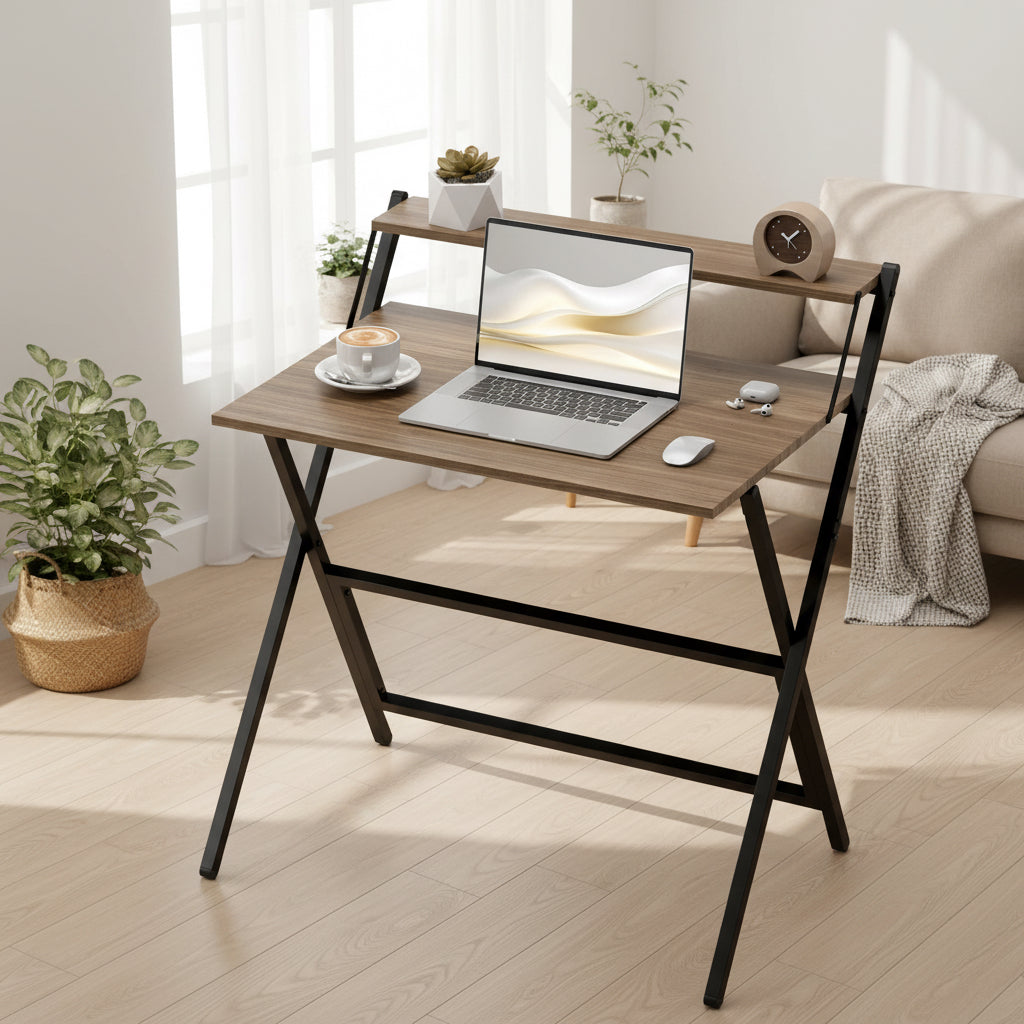 Foldable Computer Desk With Monitor Shelf | For Home Office Walnut