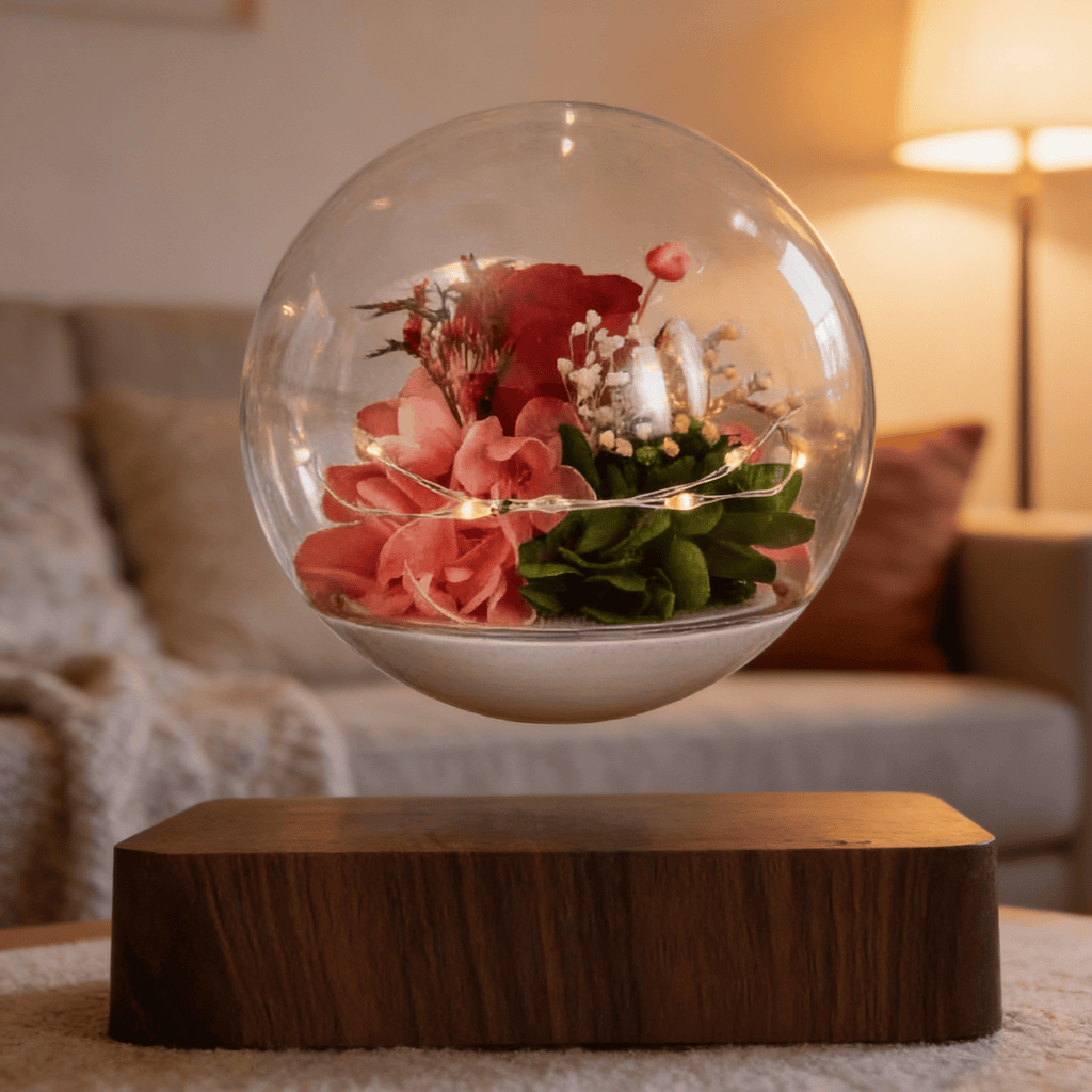 Magnetic Levitating Flower Ornament Dark Wood Grain Red / UK