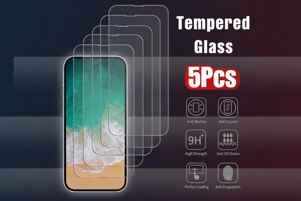 Tempered Glass Screen Protector for iPhones–9H Hardness, Anti-Scratch, Anti Fingerprint, Oil Resistant, 5-Pack Premium