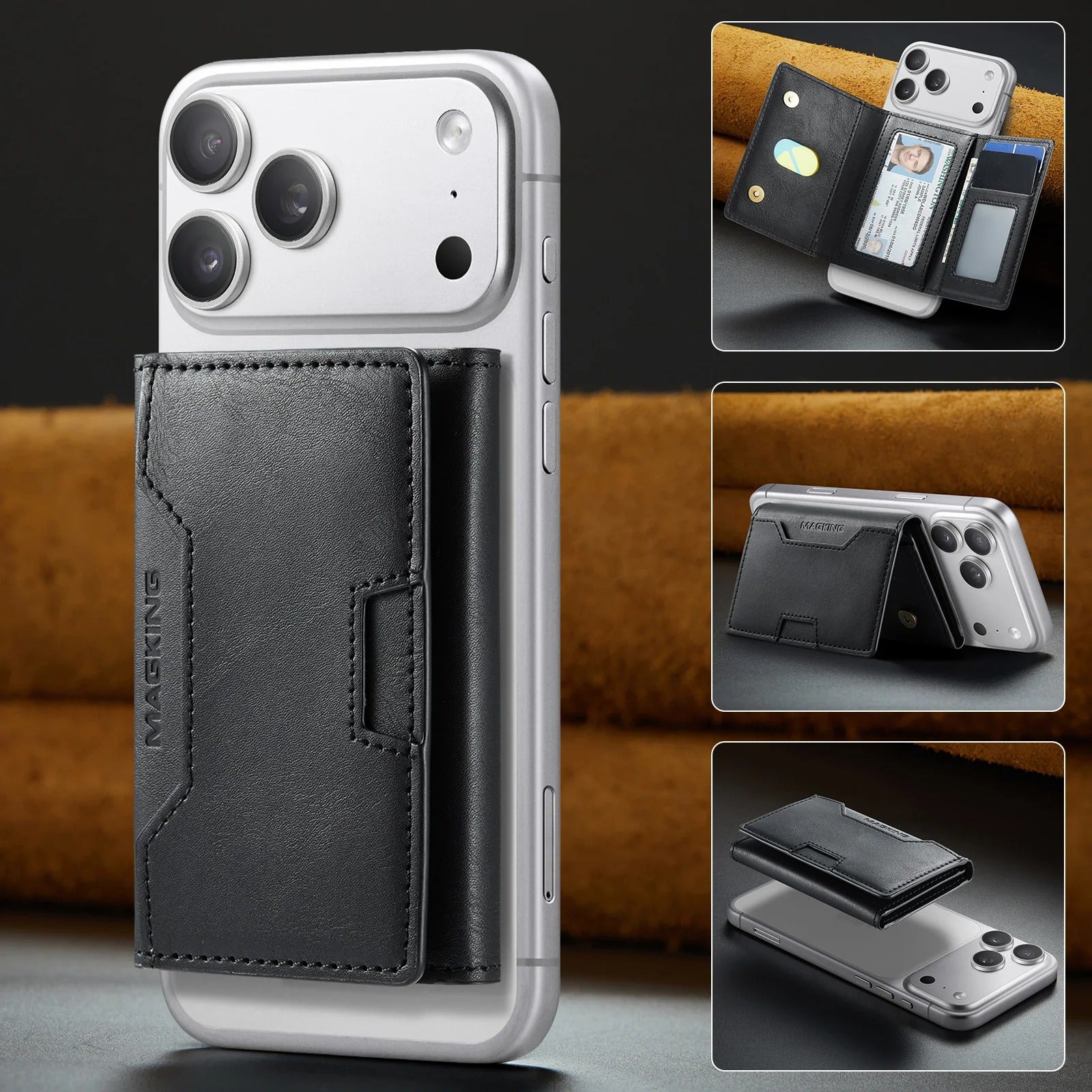 MAGKING Detachable Magnetic Leather Wallet|Card Holder Phone Stand For iPhones