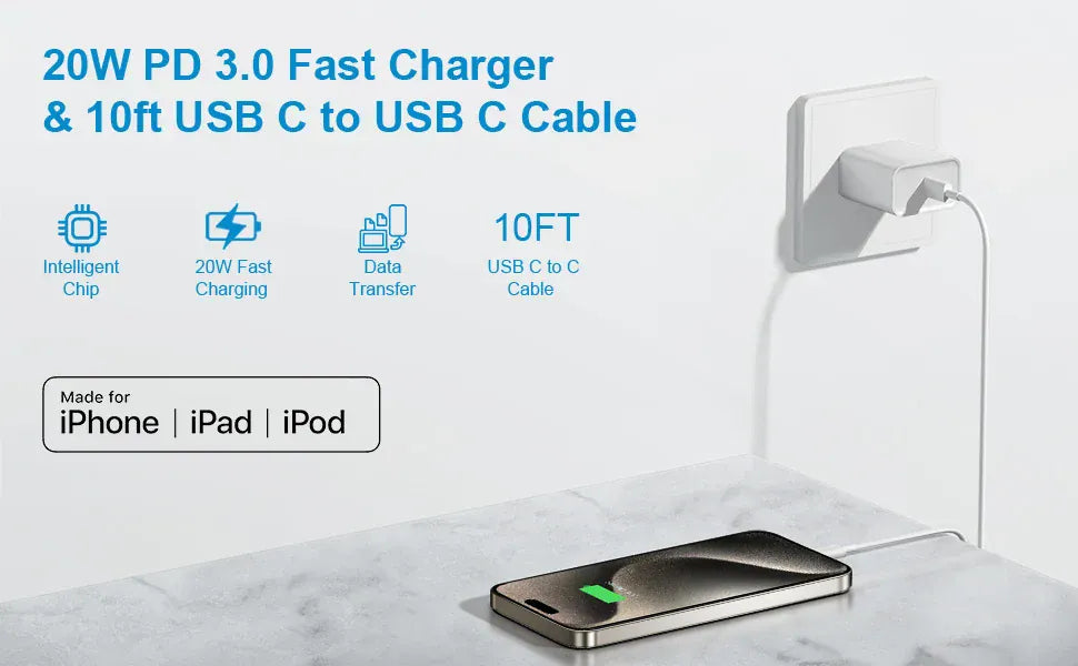 Premium 3 Pack: 20W Fast Charger with 10ft USB-C Cables White / 3pcs