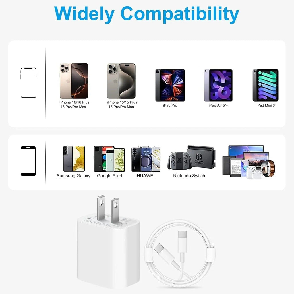 Premium 3 Pack: 20W Fast Charger with 10ft USB-C Cables White / 3pcs