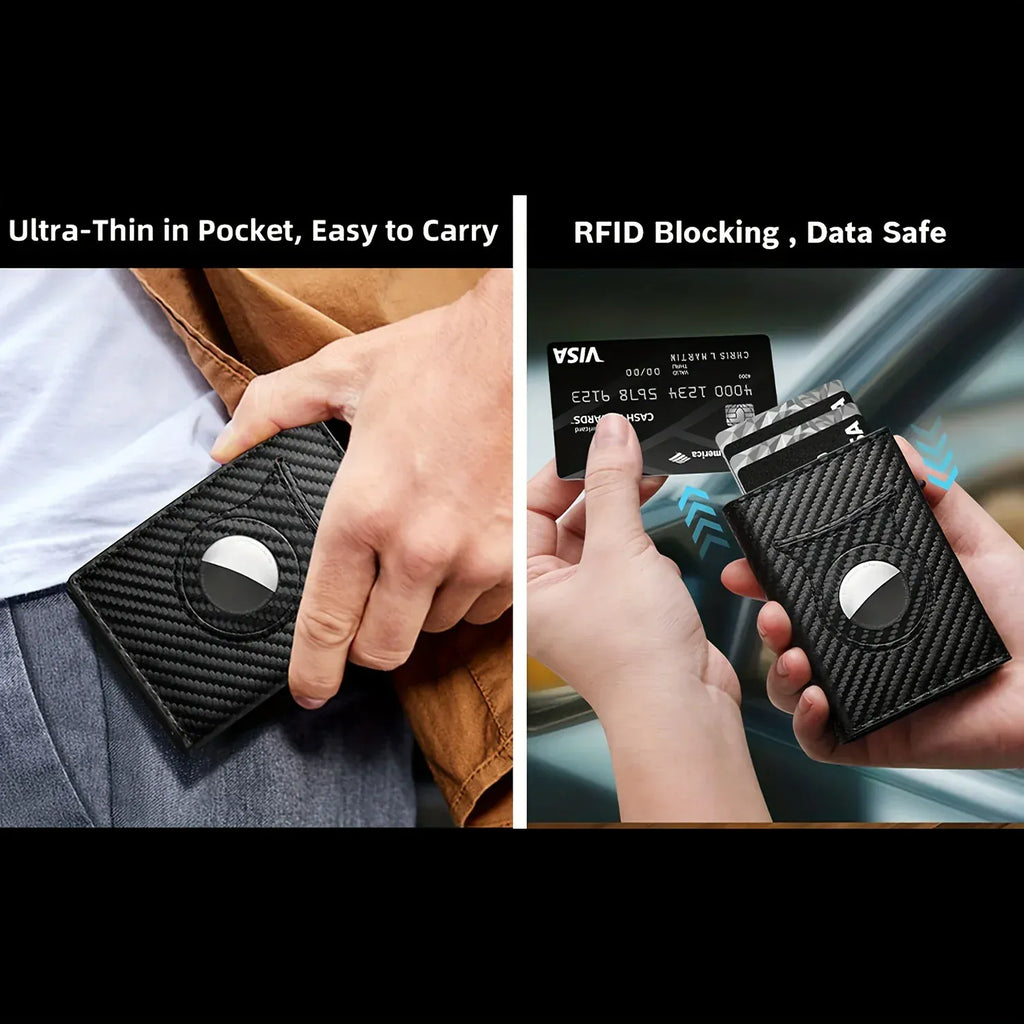 Premium Leather AirTag Wallet | with RFID Protection Carbon Fiber Black
