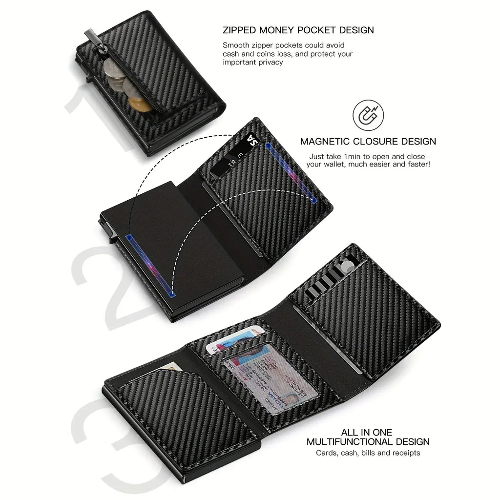 Premium Leather AirTag Wallet | with RFID Protection Carbon Fiber Black